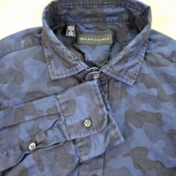 Ralph Lauren Black Label Shirt Blue Camouflage Long Sleeve (Measurement Photos) - Picture 1 of 10
